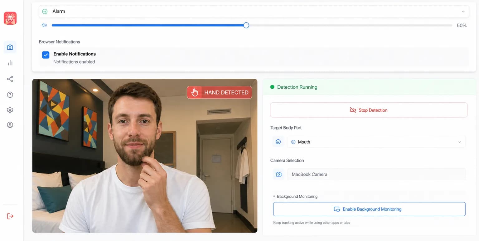 Leave Your Face Alone webcam monitoring interface showing real-time detection with live camera feed, detection controls, and target body part selection